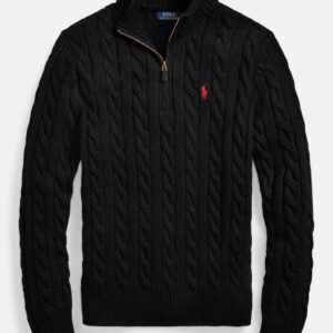 Front-facing view of the Ralph Lauren cable-knit quarter-zip sweater showcasing its regular fit and embroidered logo.